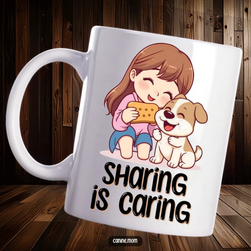 Funny Mug: Woman happily sharing a giant dog biscuit with an excited, smiling dog, showing mutual affection.