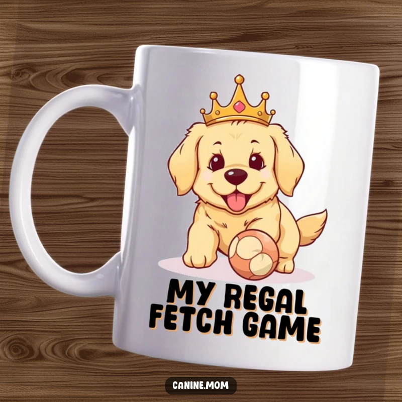 Funny Golden Retriever king mug. Adorable dog wearing a golden crown, joyfully leaping to catch a tennis ball, embodying playful royalty and fetch enthusiasm.