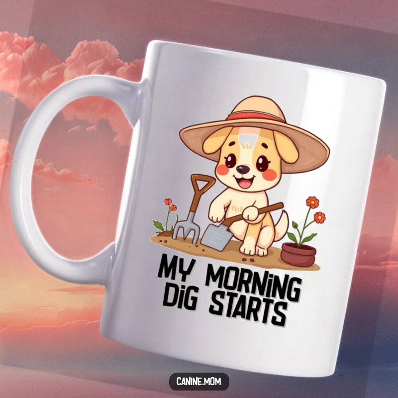Funny dog mug featuring a happy character in a large floppy hat, gardening with a trowel, enjoying nature.