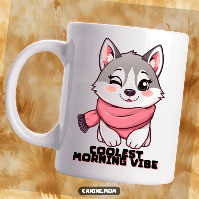 Funny mug with a stylish husky wearing a scarf and giving a mischievous, playful wink. A humorous and endearing design for dog enthusiasts.