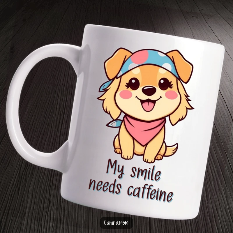 Funny Kawaii Dog Lady Mug with a bandana and a huge smile, embodying pure joy and canine adoration. An ideal funny gift.