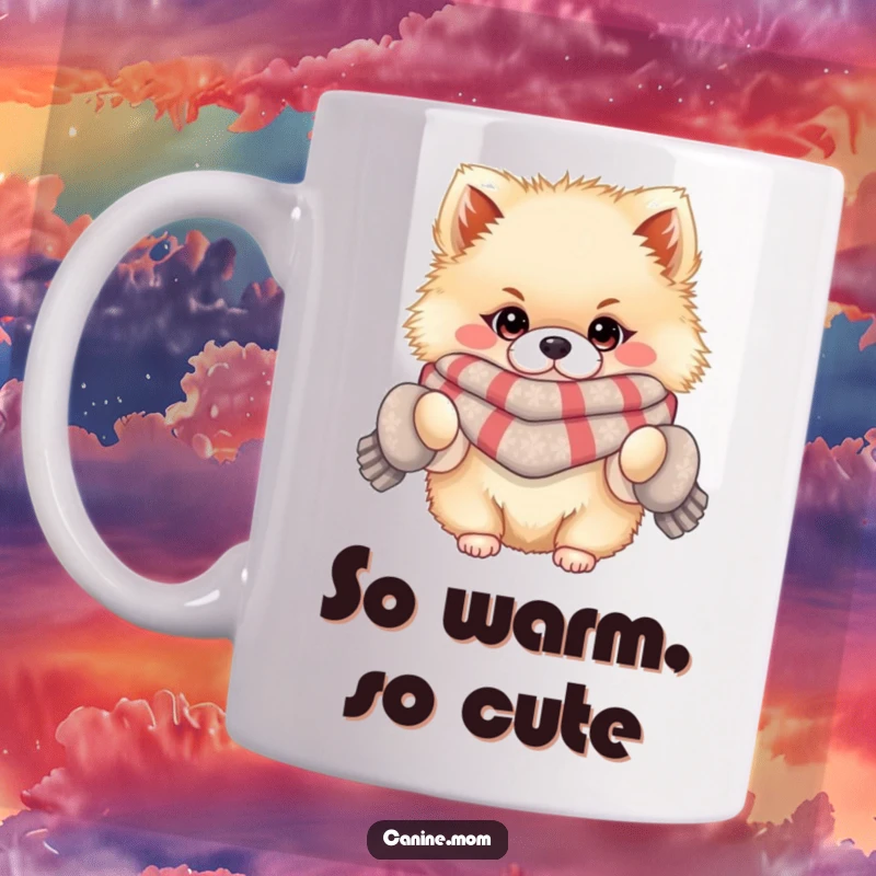 Funny mug showcasing a fluffy Pomeranian dog wearing a cozy scarf and mittens, looking absolutely adorable and ready for winter.