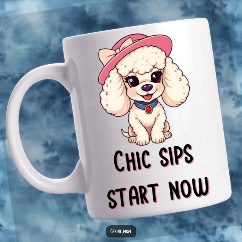 Funny poodle hat mug. A stylish poodle wearing a fancy hat gives a coy smile, exuding high-fashion charm and playful elegance for coffee lovers.