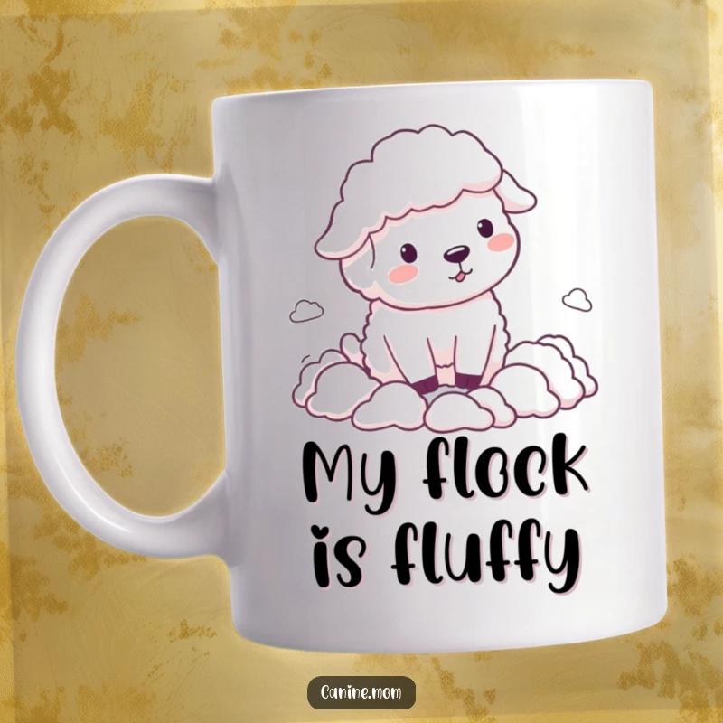 Funny Sheepdog Mug, happily herding small, fluffy cloud shapes with a determined yet joyful expression, a whimsical pet owner's delight.