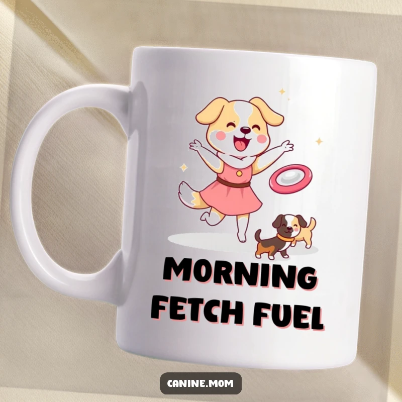 Funny Dog Lady Frisbee Mug: Kawaii character joyfully throws a frisbee for happy dogs playing. Perfect funny gift for dog enthusiasts.