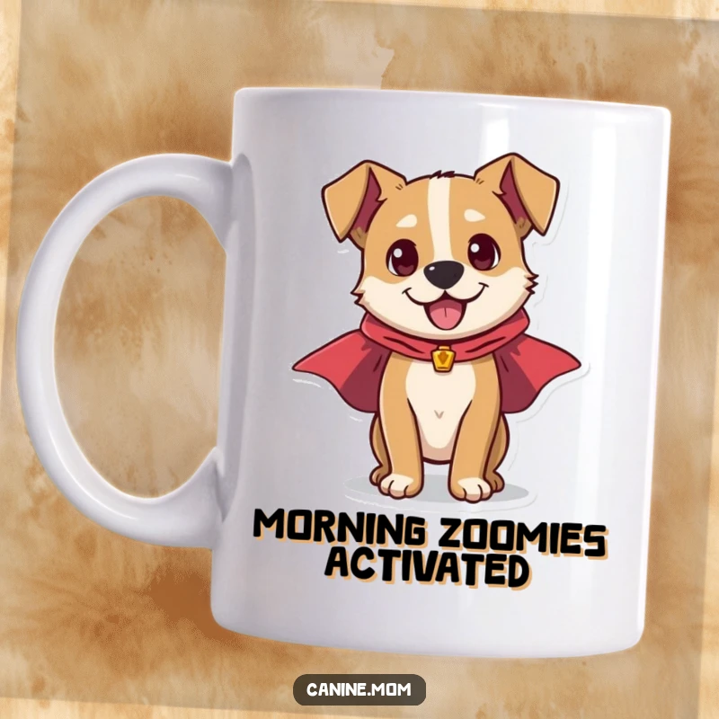 Funny mug showing an energetic dog wearing a tiny superhero cape, ready to leap into action with super-powered enthusiasm and fun.