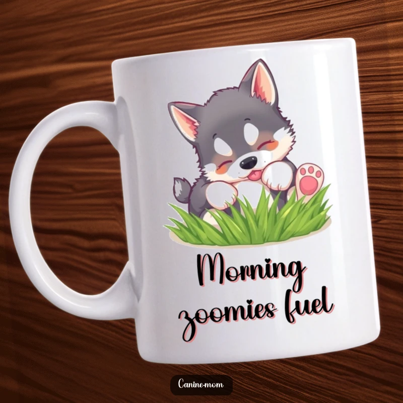 Funny mug showcasing a joyful husky puppy playfully rolling in lush green grass, radiating pure happiness.
