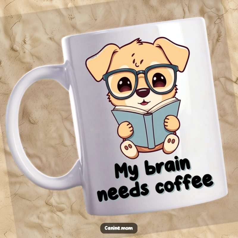 Funny mug showing a curious dog with large glasses intently reading a book, emphasizing a love for knowledge and quiet contemplation.