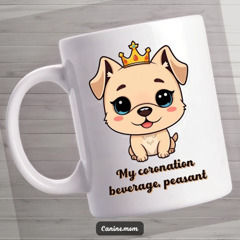 Funny mug with a proud dog wearing a small crown, exuding regal charm and making a perfect funny gift choice.
