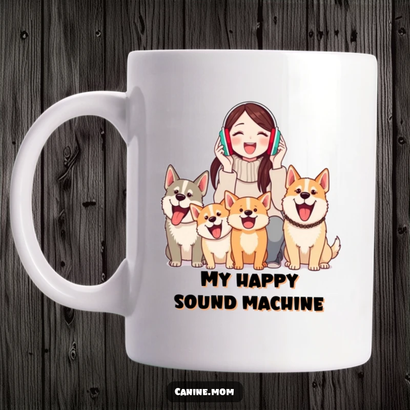 Funny mug featuring a woman wearing earmuffs, smiling serenely as happy dogs bark around her, embodying joyful chaos.