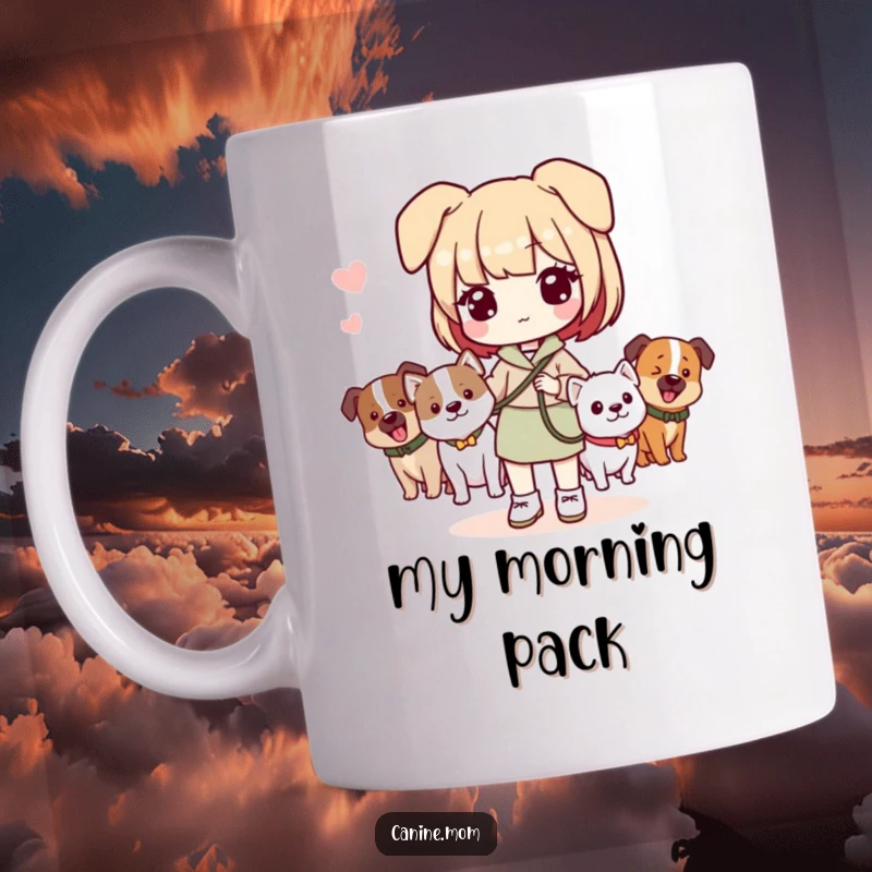 Funny Kawaii dog lady character adorably holding a leash with multiple happy dogs, celebrating the joy of pet ownership.