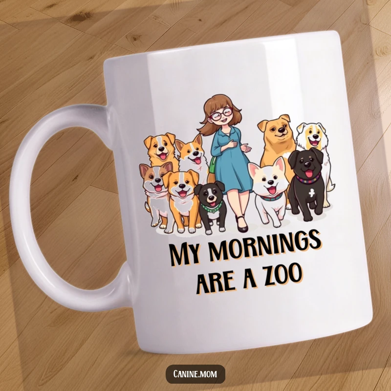 Funny mug showing a proud dog lady cheerfully walking, leading a colorful parade of various happy dogs on leashes.