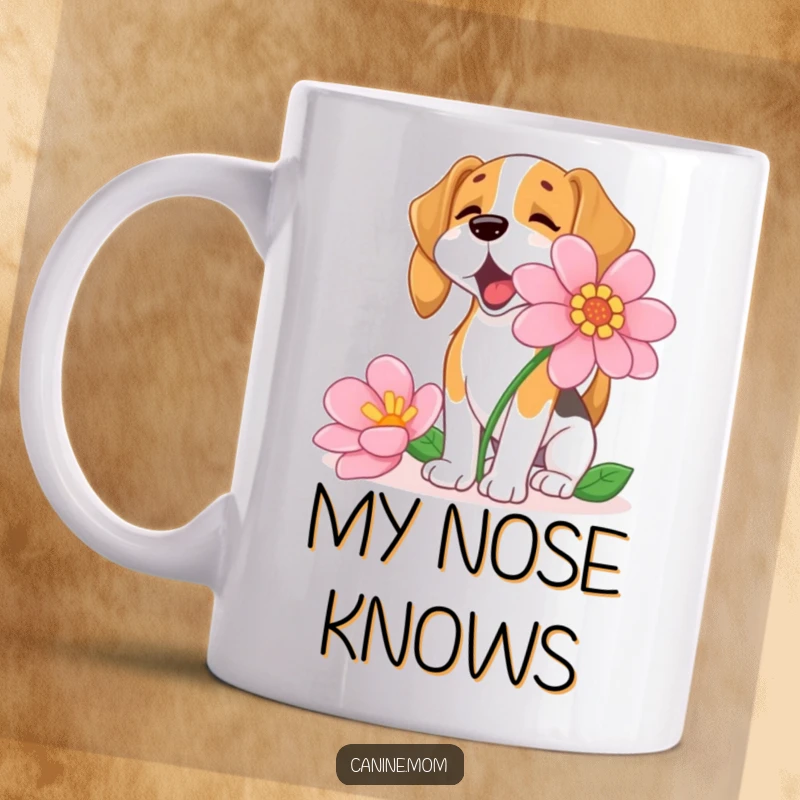 Funny Beagle Mug, joyfully and excitedly sniffing a giant, colorful flower with intense focus and happy expression.