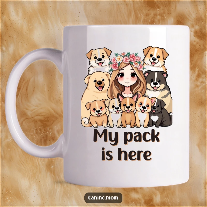 Funny Mug: Woman in a flower crown, happily swarmed by a joyful pack of diverse dogs, showcasing ultimate dog mom vibes.