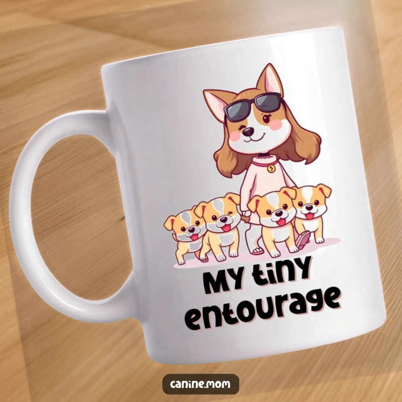 Funny dog lady mug showing a proud woman walking a pack of tiny, energetic puppies. Features a heartwarming and humorous scene for dog enthusiasts.