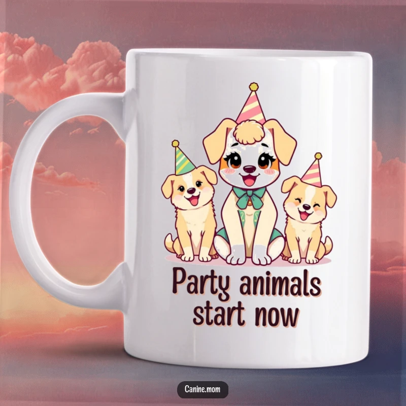 Funny kawaii dog lady character surrounded by cute dogs all sporting festive party hats, bringing joy and humor.