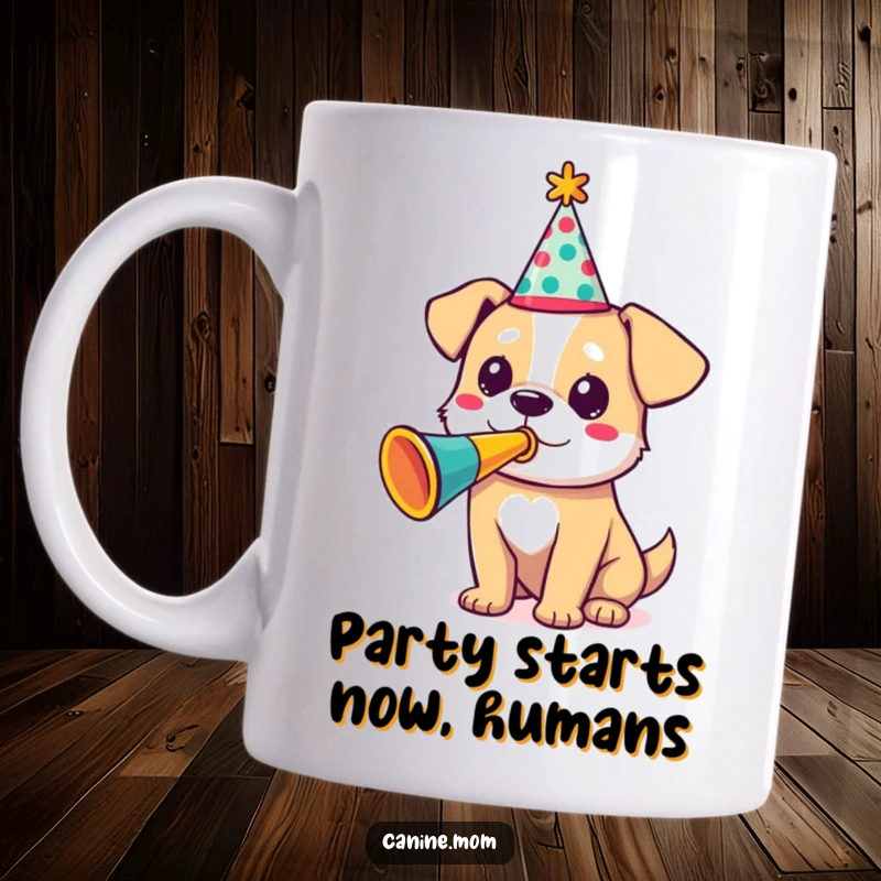 Funny mug with a dog wearing a tiny party hat, joyfully blowing a colorful trumpet, perfect for a festive funny gift.