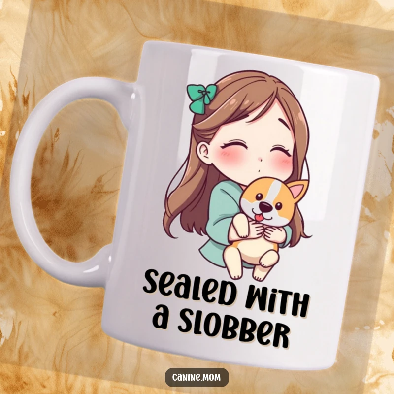 Funny mug featuring a woman holding a dog and blowing a kiss, expressing pure, humorous love for her pet.