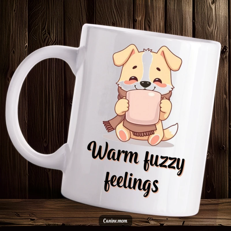 Funny mug showing a joyful dog wearing a cozy scarf, happily sipping from a very large mug, radiating contentment and warmth.