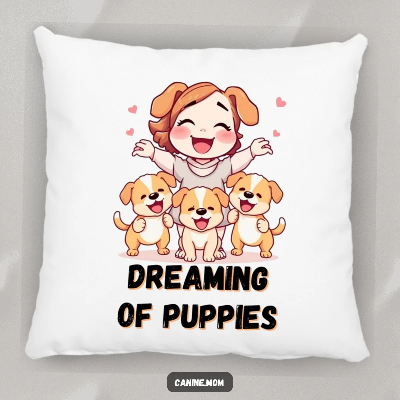 Funny dog lady pillow gleefully juggling three wagging puppies, providing soft comfort and humorous decor for dog lovers.
