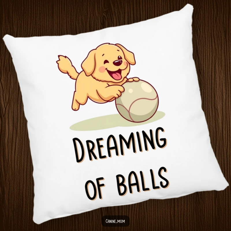 Funny Golden Retriever Pillow: A close-up of a happy retriever ready to play fetch with a gigantic ball, soft and inviting.