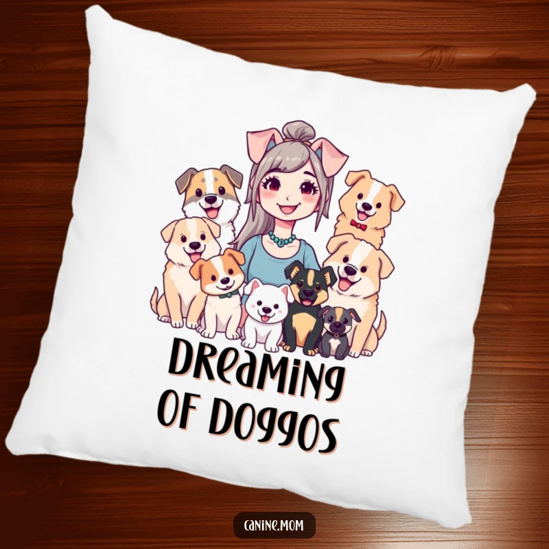 Funny pillow with a smiling dog lady cuddling with her adored dogs, offering comfort and a touch of humor.