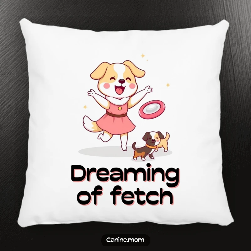 Funny Dog Lady Pillow: Kawaii character tossing a frisbee to happy dogs, rendered in soft plush. Perfect funny gift for comfort.