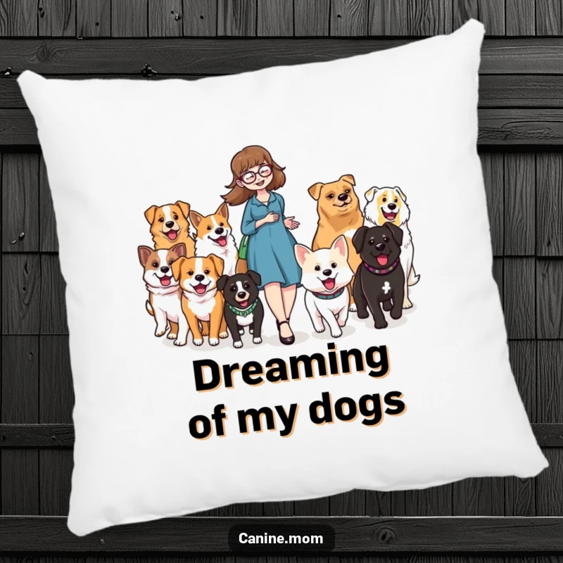 Funny pillow depicting a dog lady leading a joyful parade of diverse, happy dogs, creating a scene of pure contentment.
