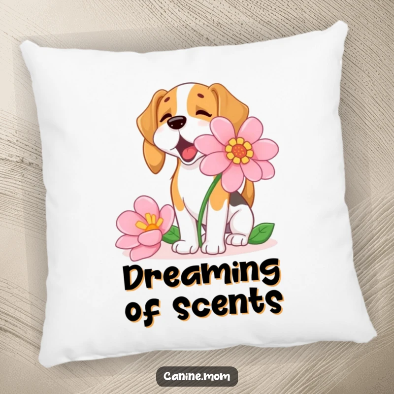 Funny Beagle Pillow, with a happy expression, sniffing a large flower, adding charming floral and canine humor to any room.