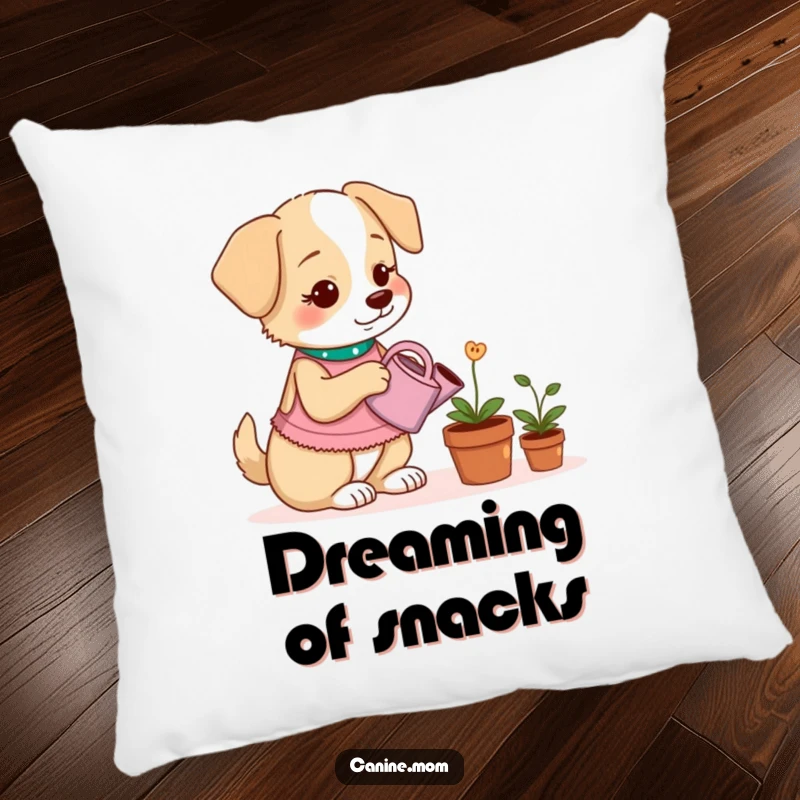 Funny pillow featuring a dog lady watering a potted plant that grows dog treats, adding a whimsical touch.