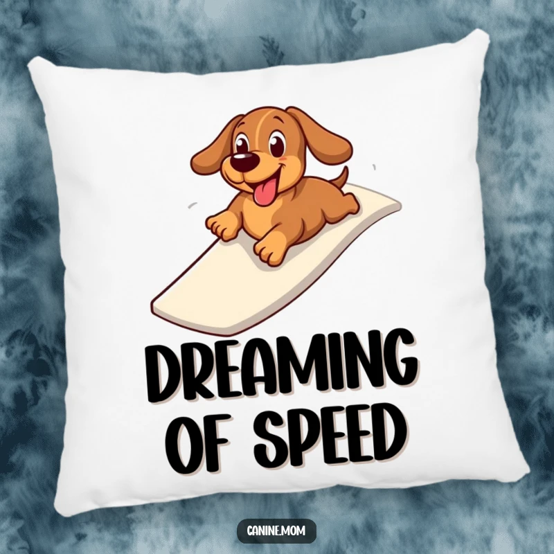 Funny accent pillow with a cheerful dachshund zooming down a slide on its belly, a soft and humorous addition to any couch.