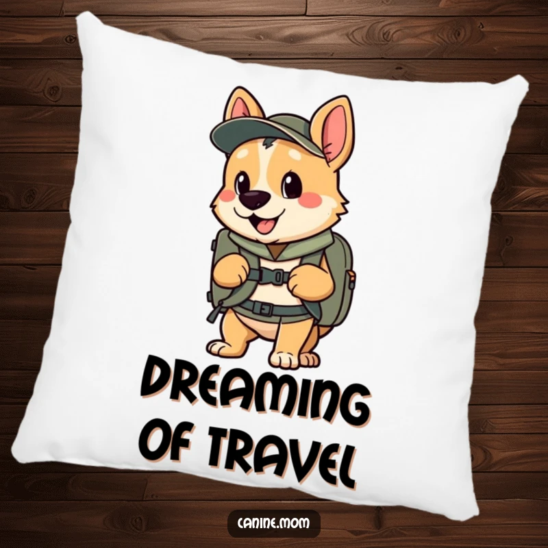 Funny pillow featuring an enthusiastic dog with a backpack, ready for journey comfort, a funny gift.