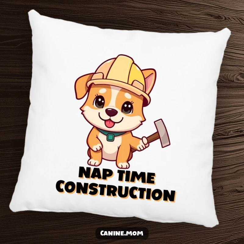 Funny pillow featuring a determined dog with a construction helmet and hammer, offering cozy builder humor, a funny gift.