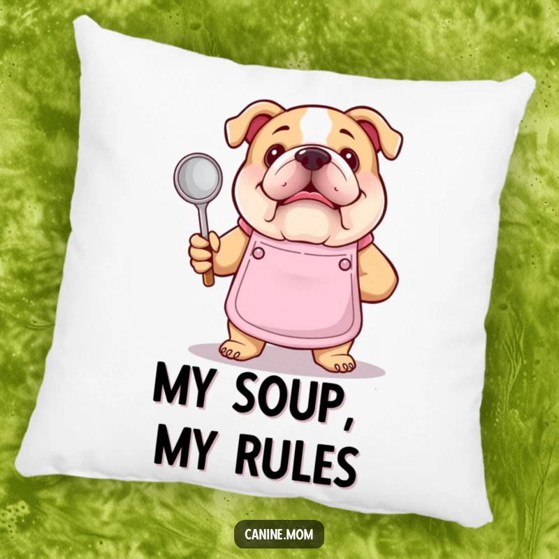 Funny bulldog chef pillow. A bulldog in an apron proudly holds a soup ladle, offering cozy and humorous decorative charm for any room.