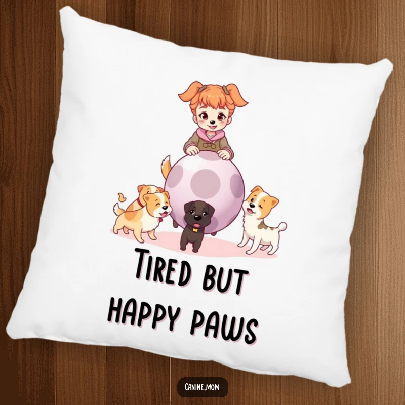 Funny pillow depicting a dog lady holding a giant ball, surrounded by a group of excited dogs, ready for endless fetch.