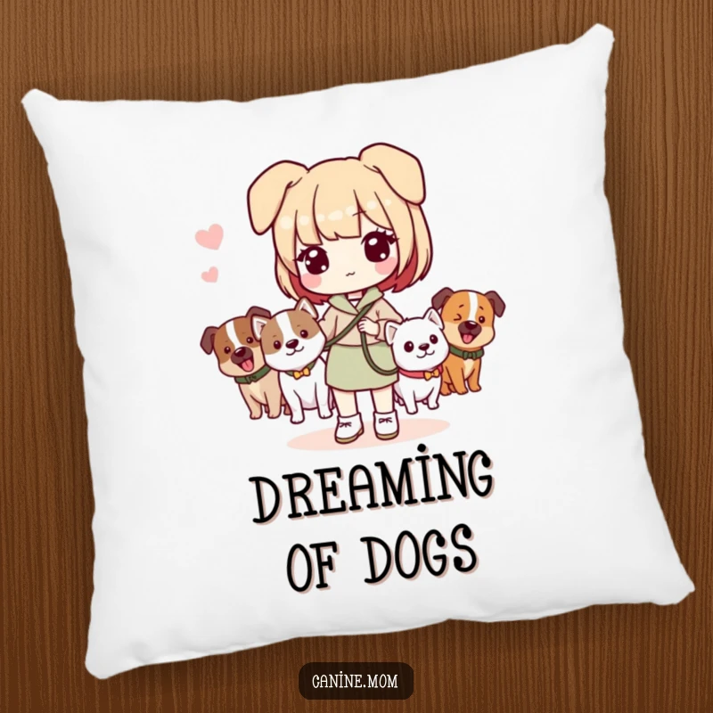 Funny pillow featuring a Kawaii dog lady holding a leash with dogs, providing comfort with a heartwarming pet theme.