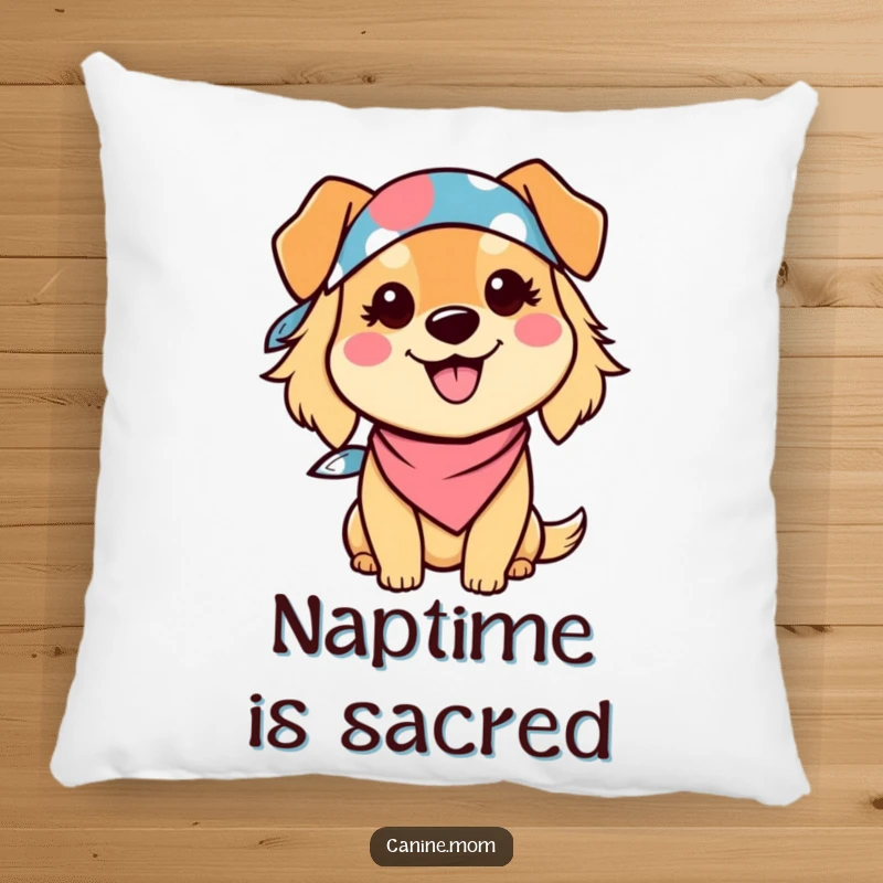 Funny Dog Lady Pillow: A soft cushion with a kawaii character wearing a bandana, smiling joyfully. A perfect funny gift for relaxation.