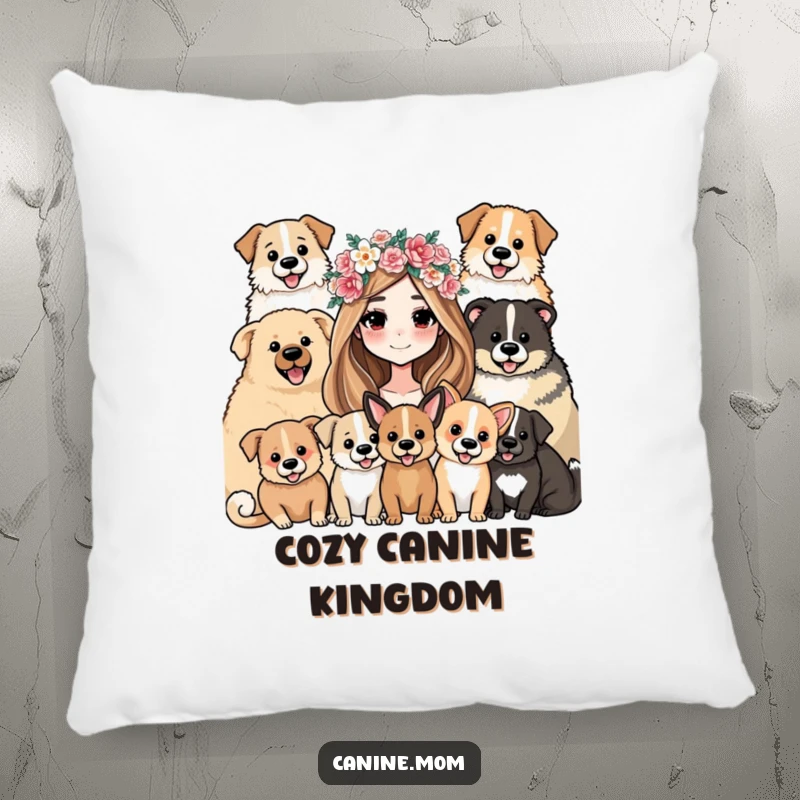 Funny Pillow: A woman in a flower crown, surrounded by a loving and playful group of dogs, creating a cozy scene.
