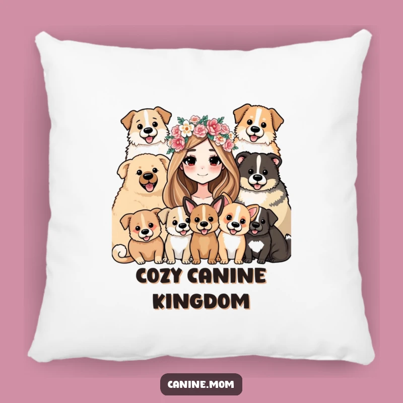 Funny Dog Lover Pillow: Flower Crown Woman & Her Adoring Canine Crew