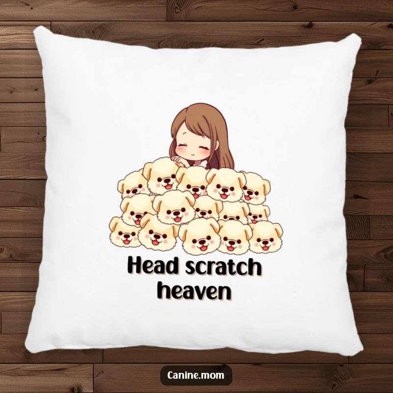 Funny pillow featuring a woman petting a continuous flow of fluffy dog heads, offering comfort and humor.