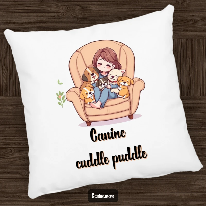 Funny Pillow: Woman in a cozy armchair, deeply cuddled by several affectionate dogs, creating a warm atmosphere.