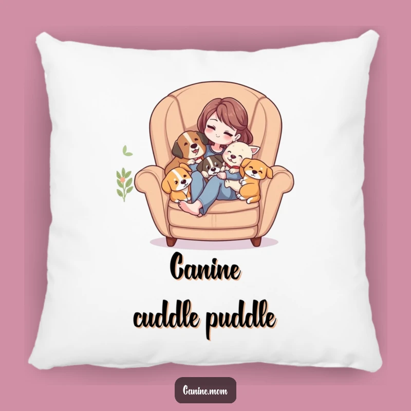 Funny Dog Lover Pillow: Woman Cuddling Dogs in Cozy Armchair
