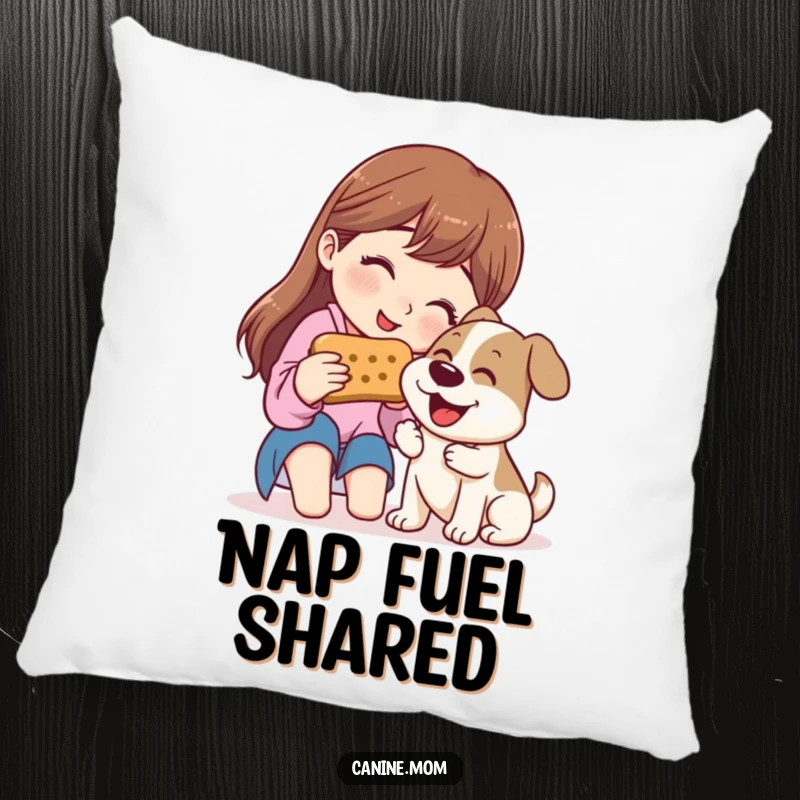 Funny Pillow: Woman sharing a giant dog biscuit with a happy dog, symbolizing friendship and treats.