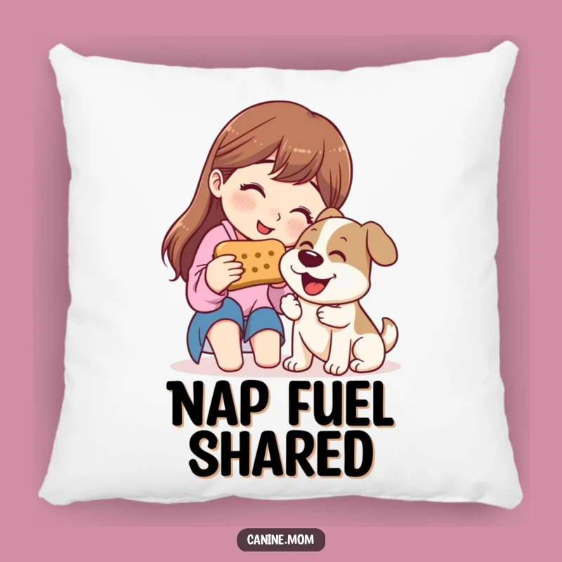 Funny Dog Lover Pillow: Woman Sharing Giant Biscuit with Happy Dog
