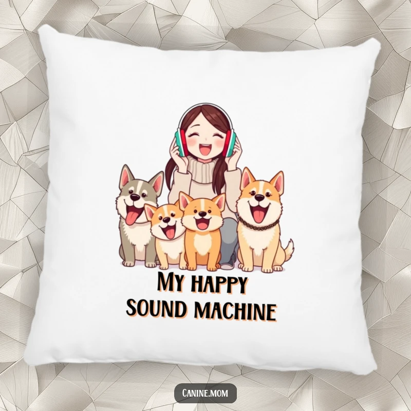Funny pillow featuring a woman in earmuffs, contentedly surrounded by the cheerful barks of happy dogs, cozy comedic relief.