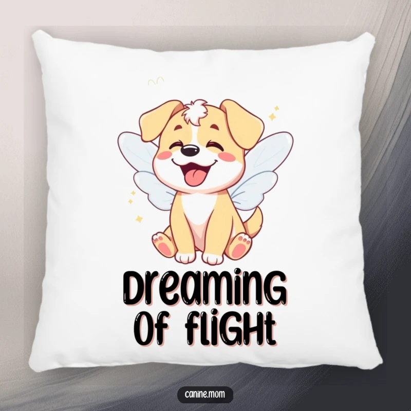 Funny pillow featuring a giggling dog with fairy wings, bringing enchanting comfort and humor, a delightful funny gift.