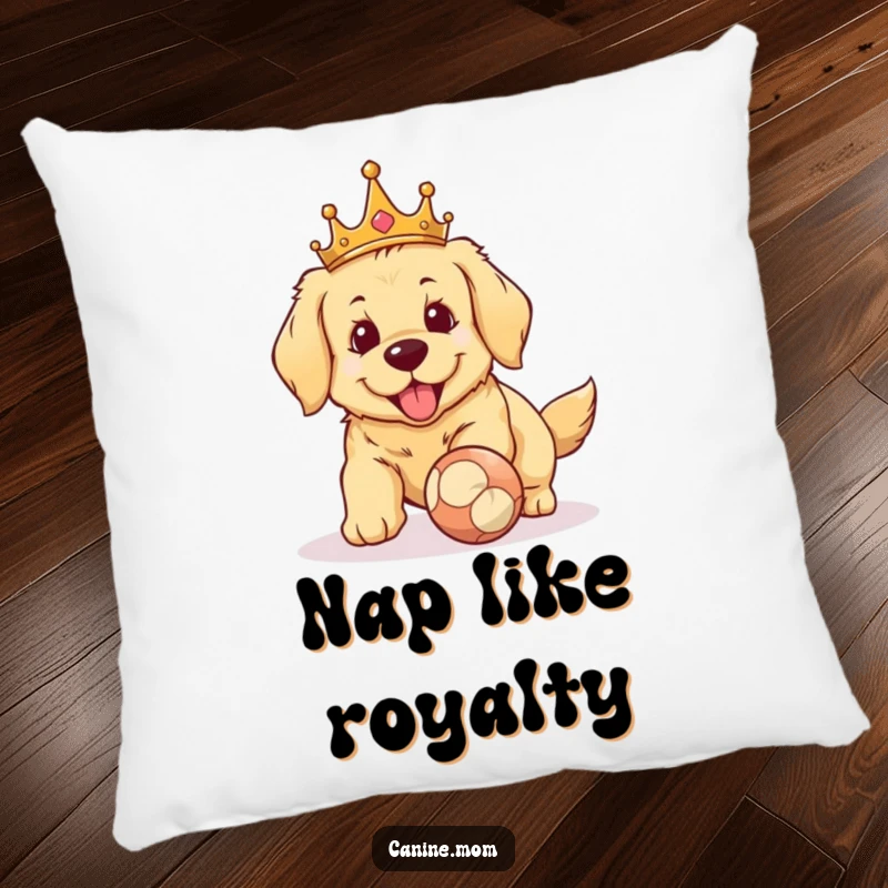 Funny Golden Retriever crown pillow. A charming dog with a crown, ready to fetch a ball, providing cozy humor and a touch of majestic canine comfort.