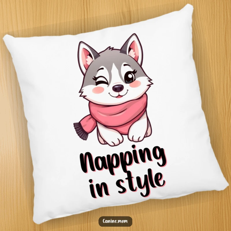 Funny pillow showcasing a husky wearing a scarf and giving a playful wink, designed for comfort and humorous style. An adorable accent.