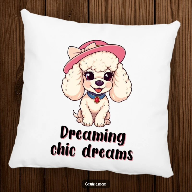 Funny poodle hat pillow. A fashionable poodle with a fancy hat smiles coyly, providing cozy comfort and a touch of sophisticated humor.