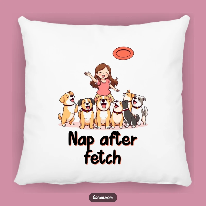 Funny Dog Lover Pillow: Woman Playing Frisbee with Eager Canine Companions